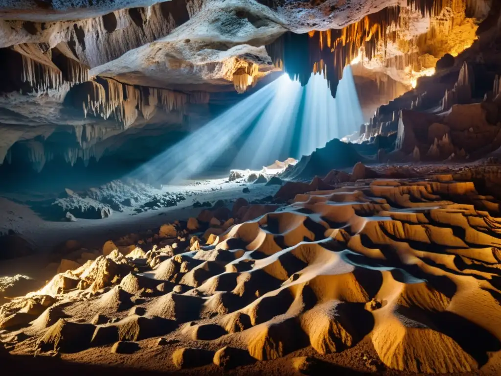 Una impresionante imagen de una caverna subterránea con formaciones rocosas iluminadas por luz natural