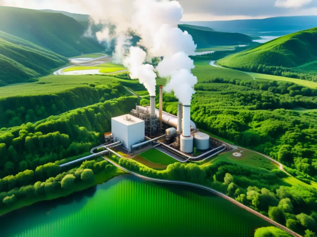 Una impresionante imagen 8K de una central geotérmica en un paisaje exuberante, mostrando la armonía entre la infraestructura y la naturaleza