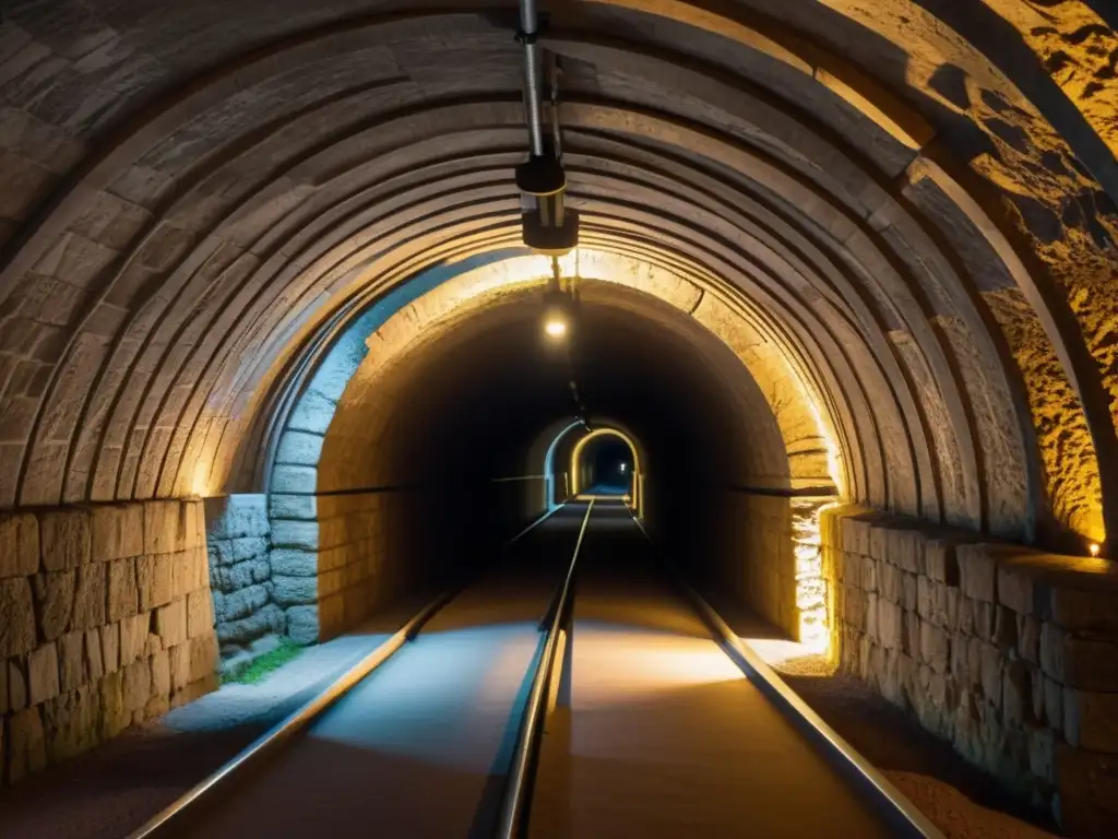 Una impresionante imagen documental de un antiguo túnel subterráneo, destacando los detalles arquitectónicos y la atmósfera misteriosa