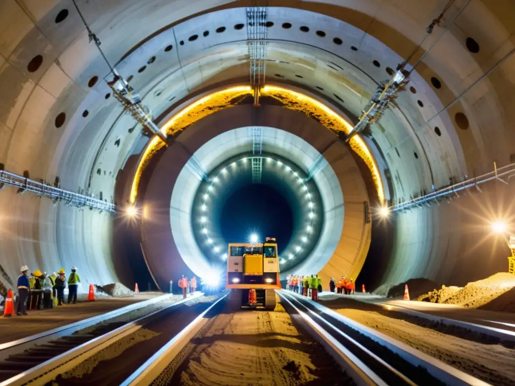 Una impresionante máquina tuneladora cortando a través de la tierra y la roca, rodeada de trabajadores y luces industriales