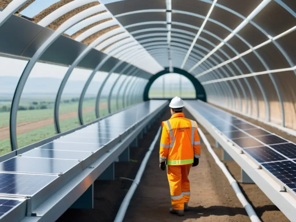 Un impresionante sistema de túneles solares sostenibles innovadores se extiende hacia el horizonte, bañados por la suave luz natural