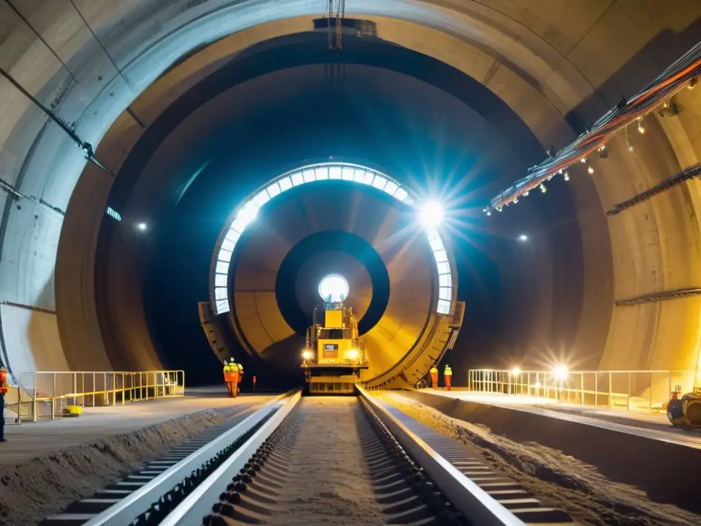 Un impresionante TBM corta precisamente la tierra, rodeado de trabajadores y chispas volando