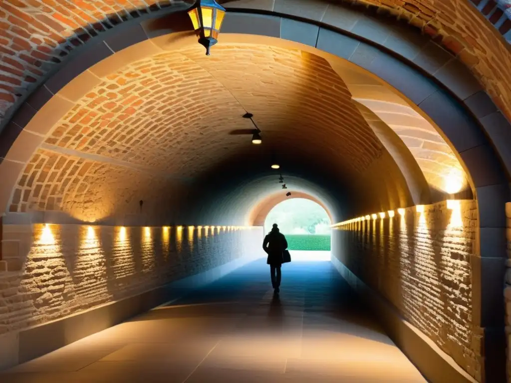 Un impresionante túnel decorativo replica detalles históricos, iluminado y admirado por visitantes