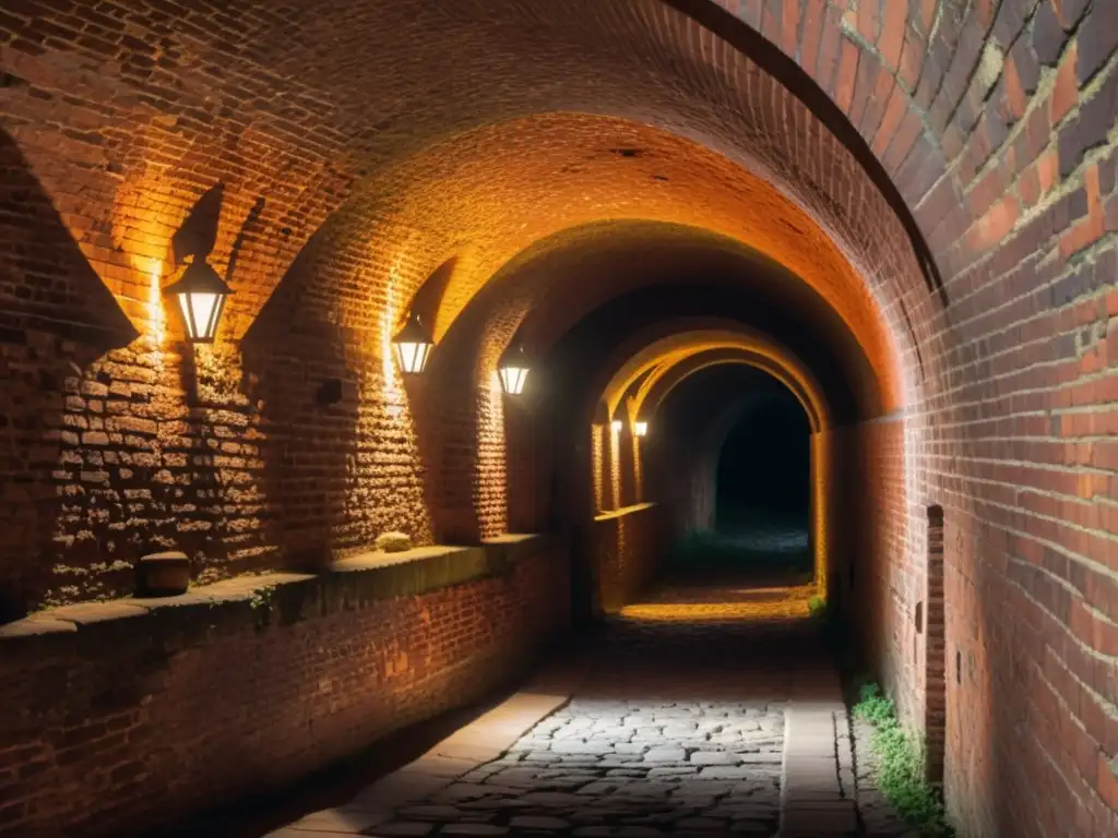 Una impresionante fotografía de un túnel subterráneo histórico, iluminado por tenues linternas, revelando su belleza y misterio