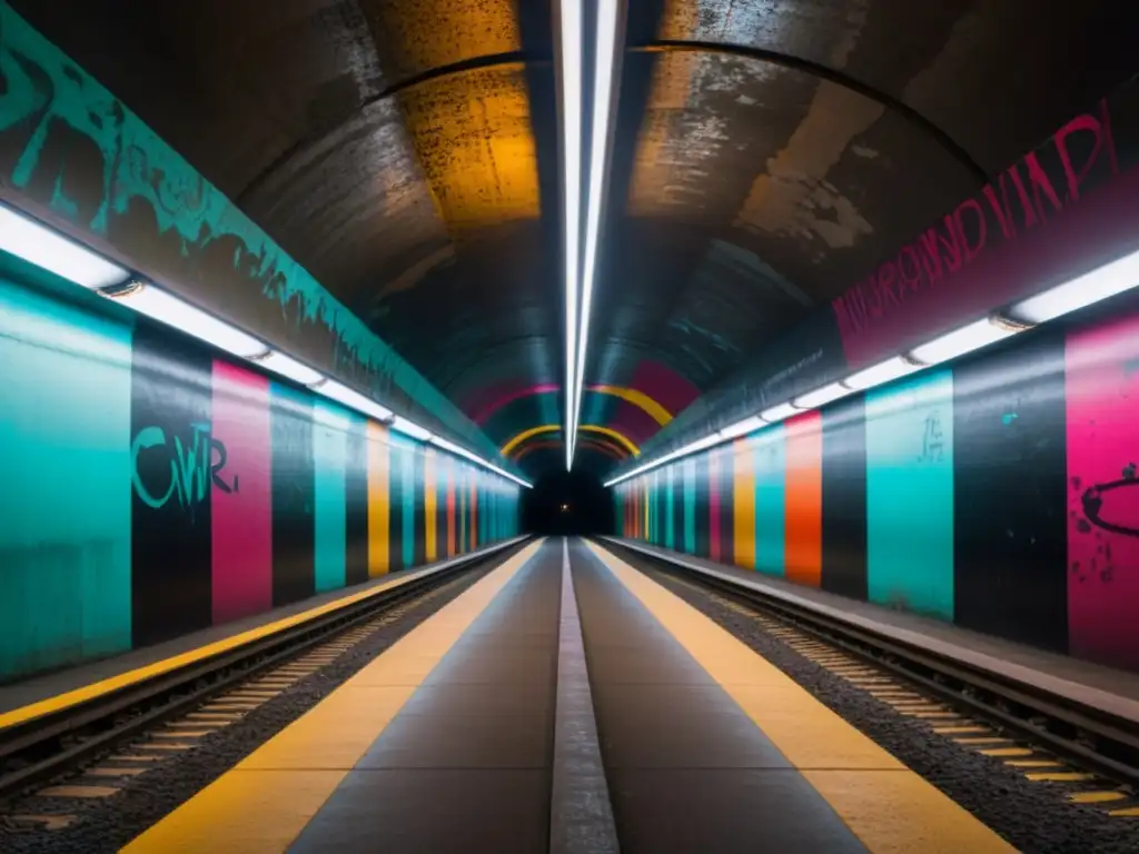 Una fotografía impresionante de un túnel subterráneo con arte callejero vibrante