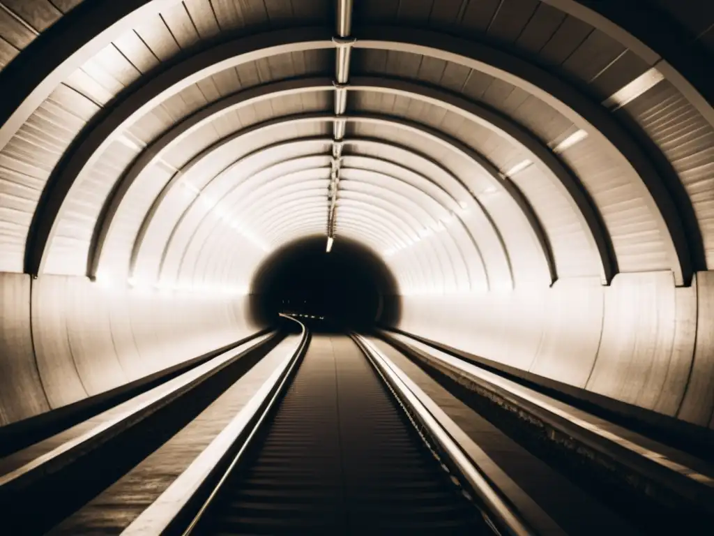 Una fotografía impresionante de un túnel subterráneo en blanco y negro, iluminado por una cálida luz que resalta detalles arquitectónicos