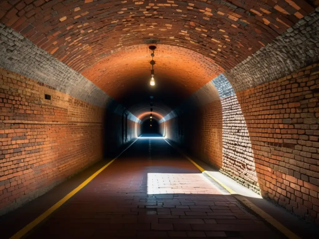 Una impresionante fotografía en túneles históricos, con intrincada albañilería, iluminación dramática y un aura de misterio