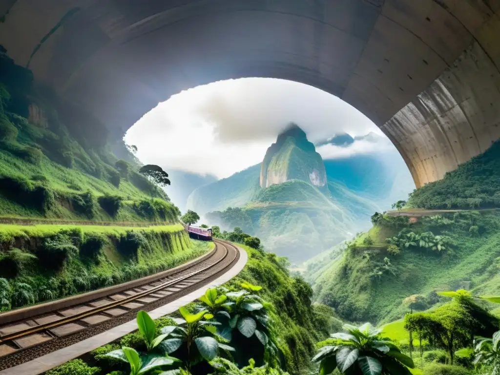 Impresionante vista desde la entrada del Túnel de la Línea en Colombia, con tren emergiendo entre montañas verdes