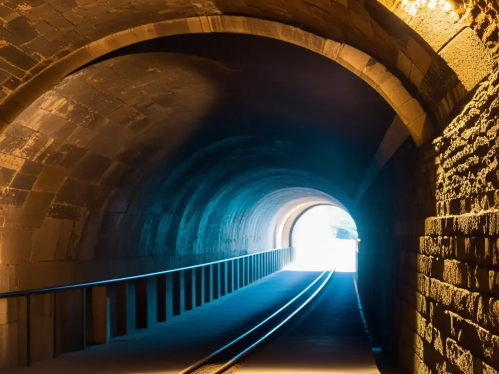 Fotografía de túnel histórico subterráneo con impresionantes detalles arquitectónicos, juego de luces y sombras, y atmósfera misteriosa y grandiosa