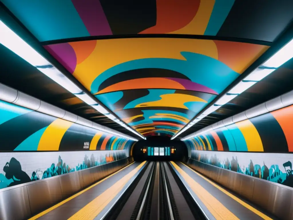 Estación de metro subterránea: Fusión urbana y moderna Influencia del diseño subterráneo contemporáneo: Estación del metro con arquitectura moderna, arte callejero y atmosfera dinámica