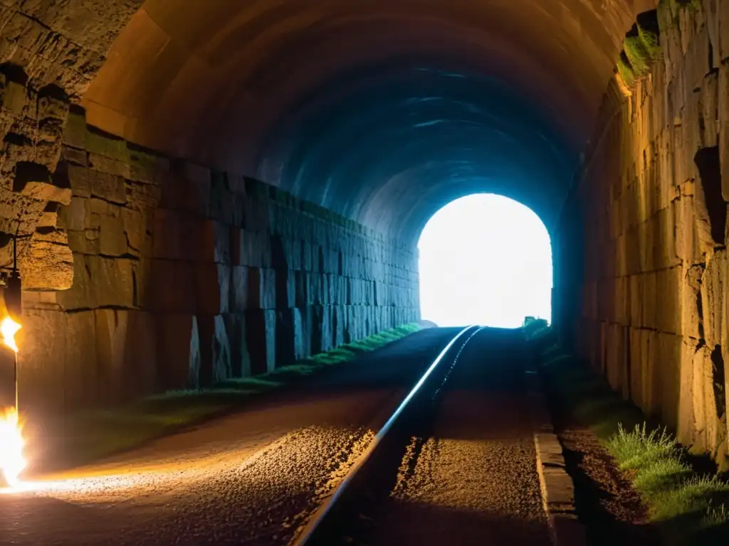 Influencia de túneles en ritos: un misterioso túnel iluminado por antorchas, con sombras danzantes y aroma a tierra antigua