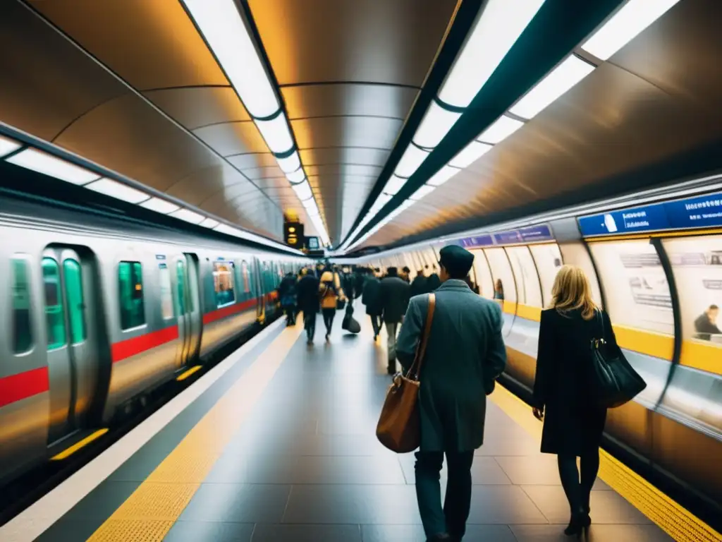 Inversión en infraestructura subterránea histórica: una estación de metro bulliciosa, con juegos de luz y sombra mientras los pasajeros transitan por los andenes y los trenes llegan y parten