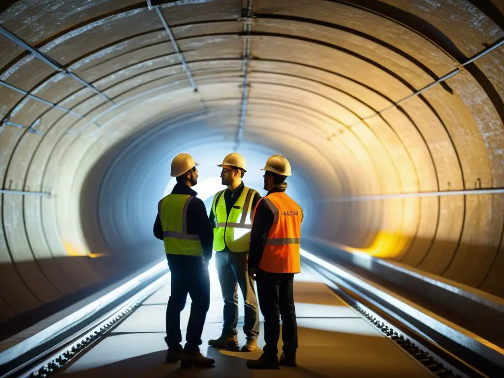 Exploración láser de túnel histórico por ingenieros Ingenieros aplicando cálculo y geometría en túneles históricos con tecnología láser de vanguardia, resaltando la fusión de historia e innovación