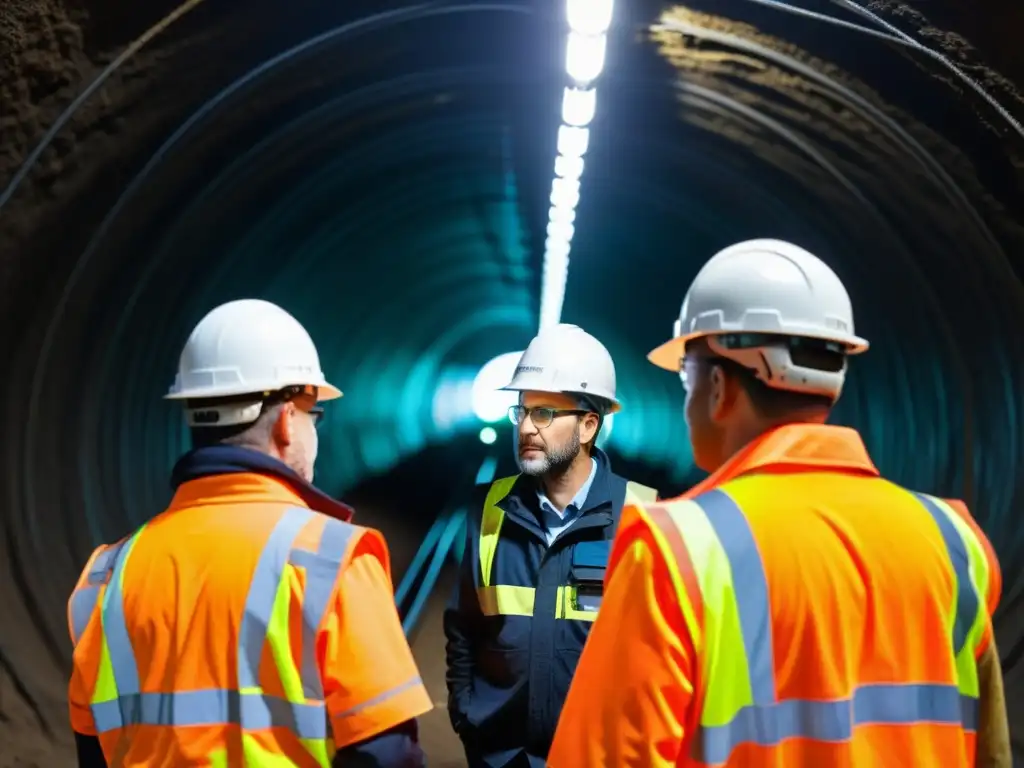 Ingenieros en chalecos y cascos examinan cables de comunicación subterráneos