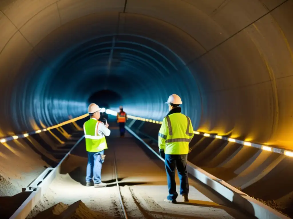 Ingenieros en túnel de construcción, examinando planos en entorno tecnológico avanzado de nanotecnología en construcción de túneles sostenibles