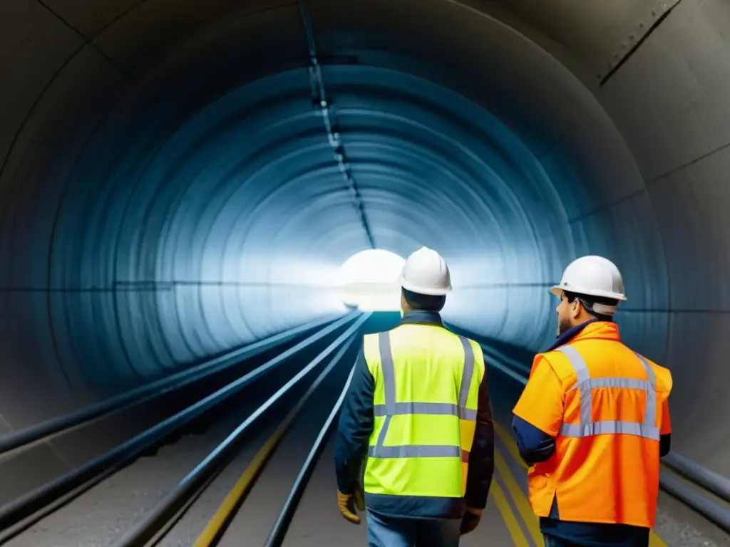 Ingenieros en construcción de túneles con tecnología antisísmica inspeccionando el interior del túnel, rodeados de equipos y determinación