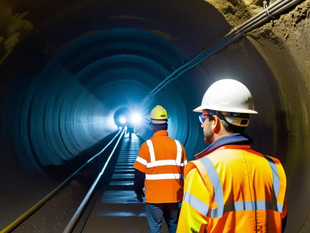 Ingenieros inspeccionan túnel subterráneo con linternas, evaluando integridad estructural