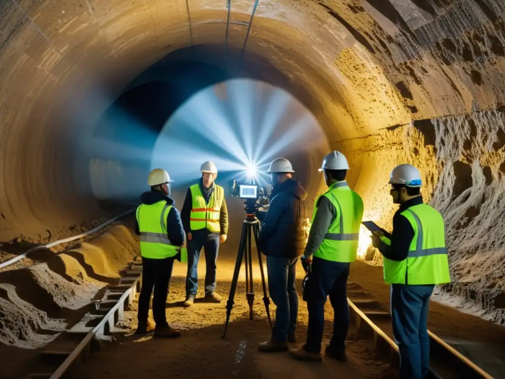 Ingenieros realizan meticulosa exploración con cámaras y láser en un túnel subterráneo, destacando las técnicas de exploración de túneles subterráneos