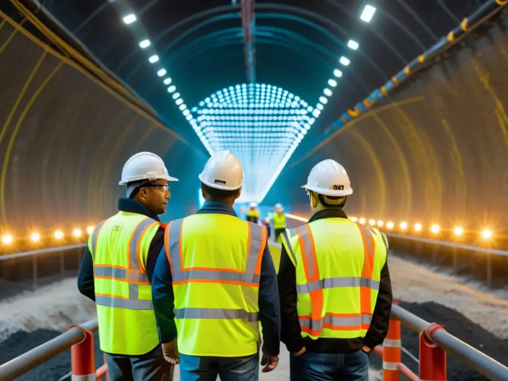 Ingenieros y obreros examinan con detalle el túnel, resaltando la aplicación de nanotecnología en túneles