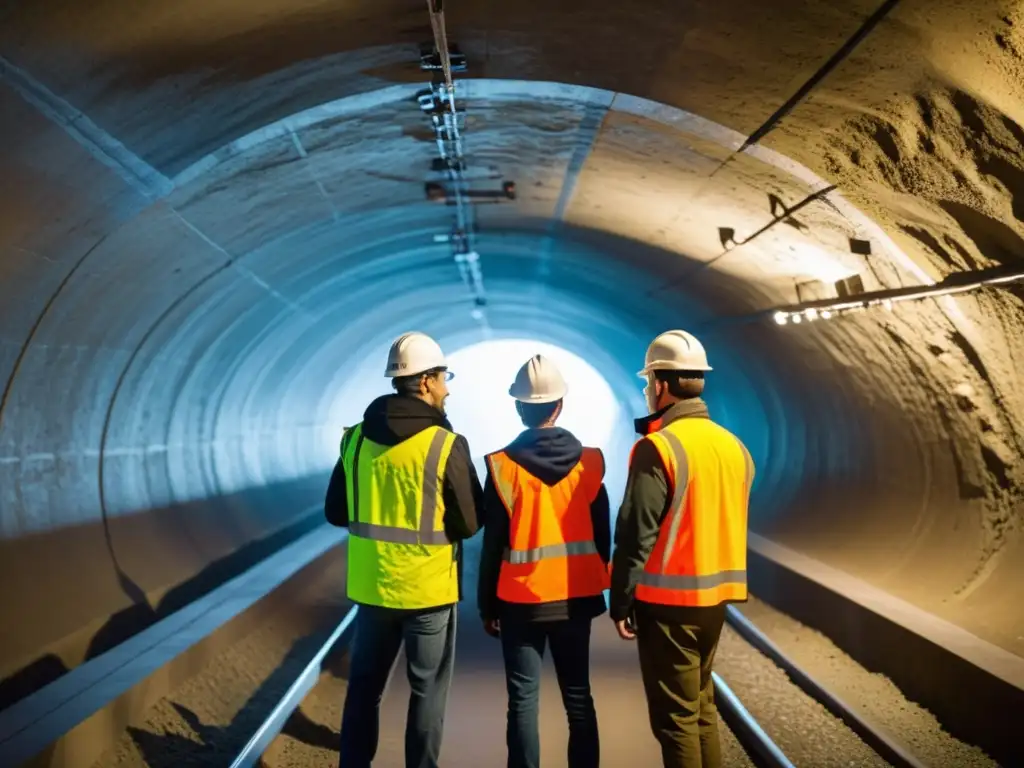 Inspección de túnel histórico: ingenieros midiendo con precisión Ingenieros midiendo con precisión en un túnel histórico, aplicando cálculo y geometría para preservación histórica
