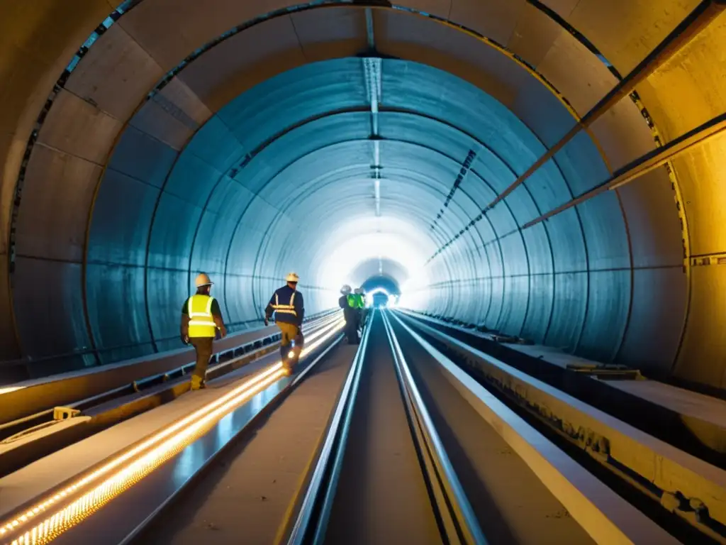 Ingenieros y técnicos restaurando túnel histórico con tecnologías modernas, fusionando pasado y presente en una imagen detallada y cautivadora