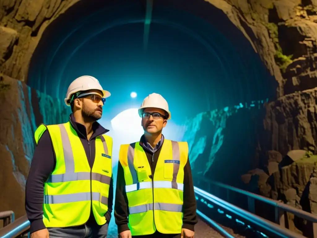 Ingenieros exploran túnel con tecnología wearable para exploración de túneles, creando atmósfera futurista con dispositivos iluminados