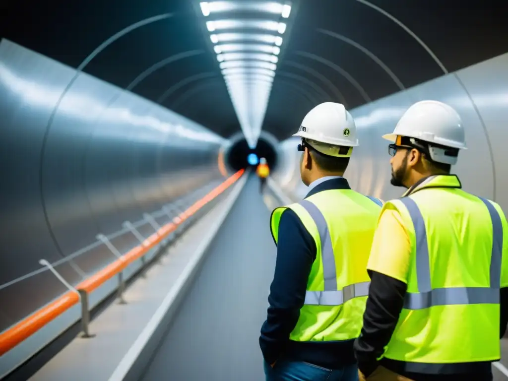 Ingenieros inspeccionando tecnologías emergentes seguridad túneles subterráneos en un túnel oscuro