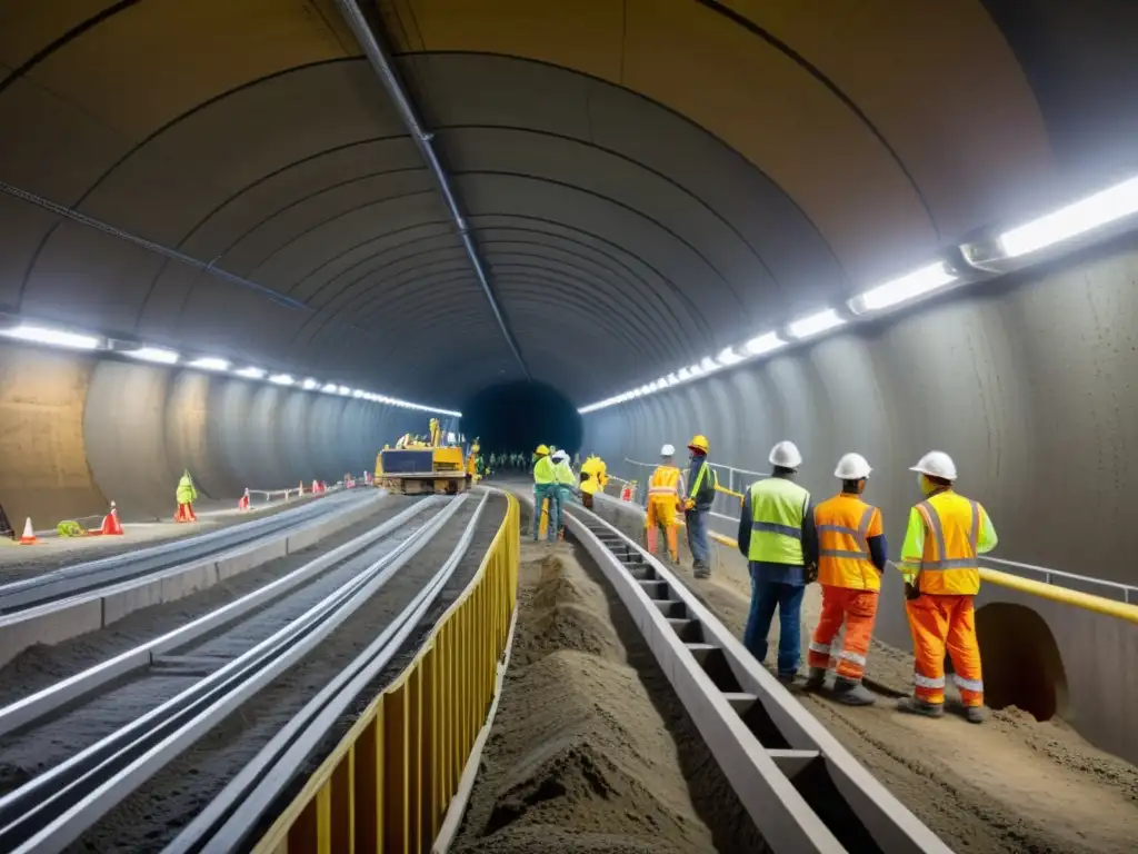 Ingenieros y trabajadores construyen un acceso subterráneo con maquinaria pesada