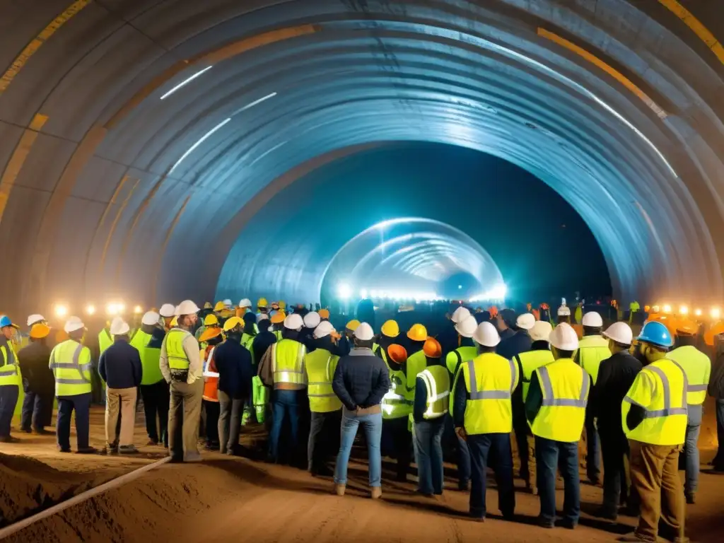 Ingenieros y trabajadores de diferentes países colaboran en la construcción de un túnel transnacional, destacando la importancia de estándares y colaboración en la ingeniería de túneles transnacionales