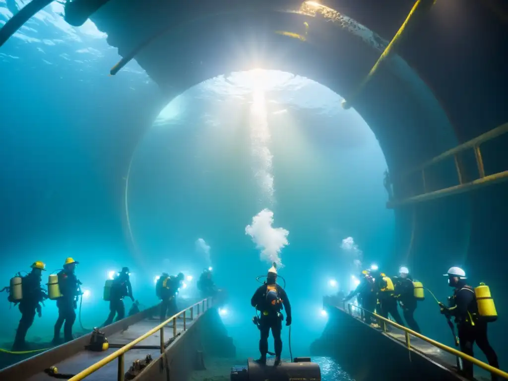 Ingenieros y trabajadores submarinos construyendo un túnel en el fondo del océano, mostrando la tecnología túneles submarinos oceánicos