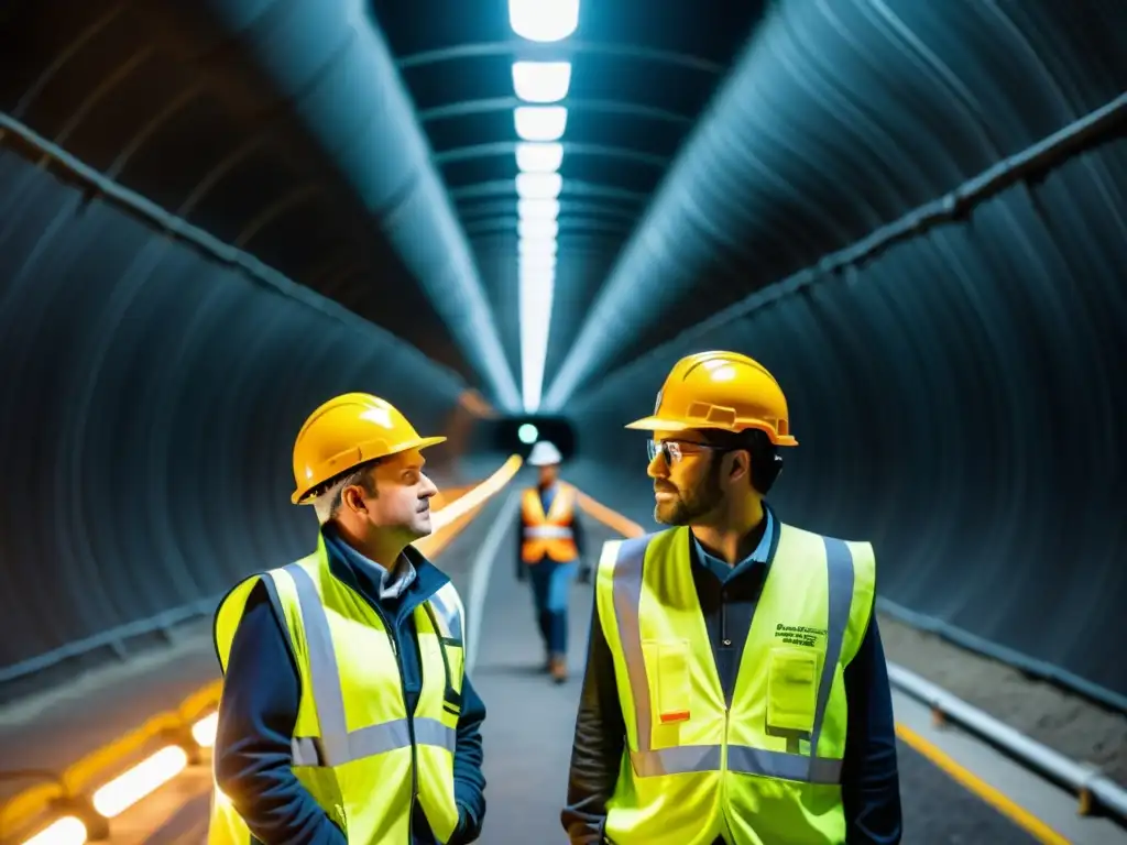 Ingenieros inspeccionando un túnel con aplicaciones de RA, destacando su determinación y experiencia técnica