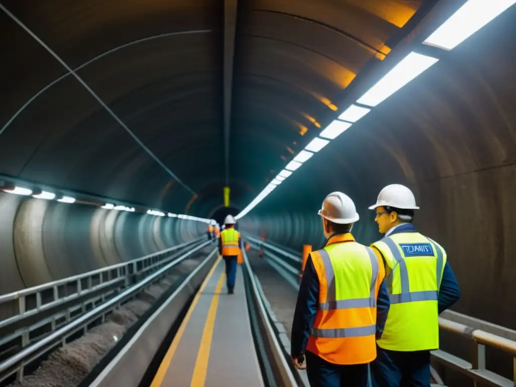 Ingenieros en túnel de baja ventilación inspeccionando estructuras en penumbra