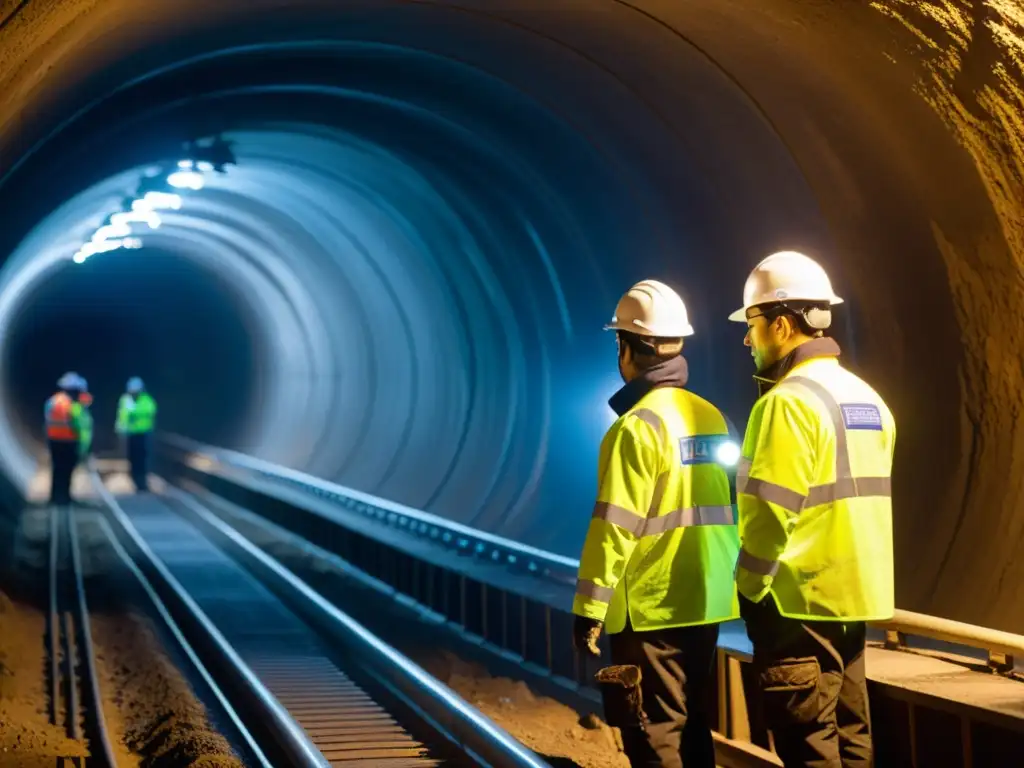 Ingenieros en túnel de baja ventilación examinando el sistema con equipamiento avanzado, iluminados por sus lámparas frontales en la penumbra húmeda