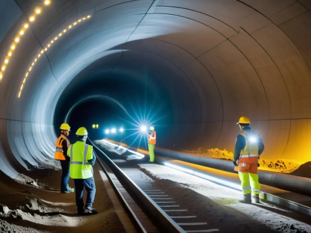 Ingenieros trabajando en un túnel con equipo especial, rodeados de compuestos de bajo impacto ambiental, iluminados con luces LED