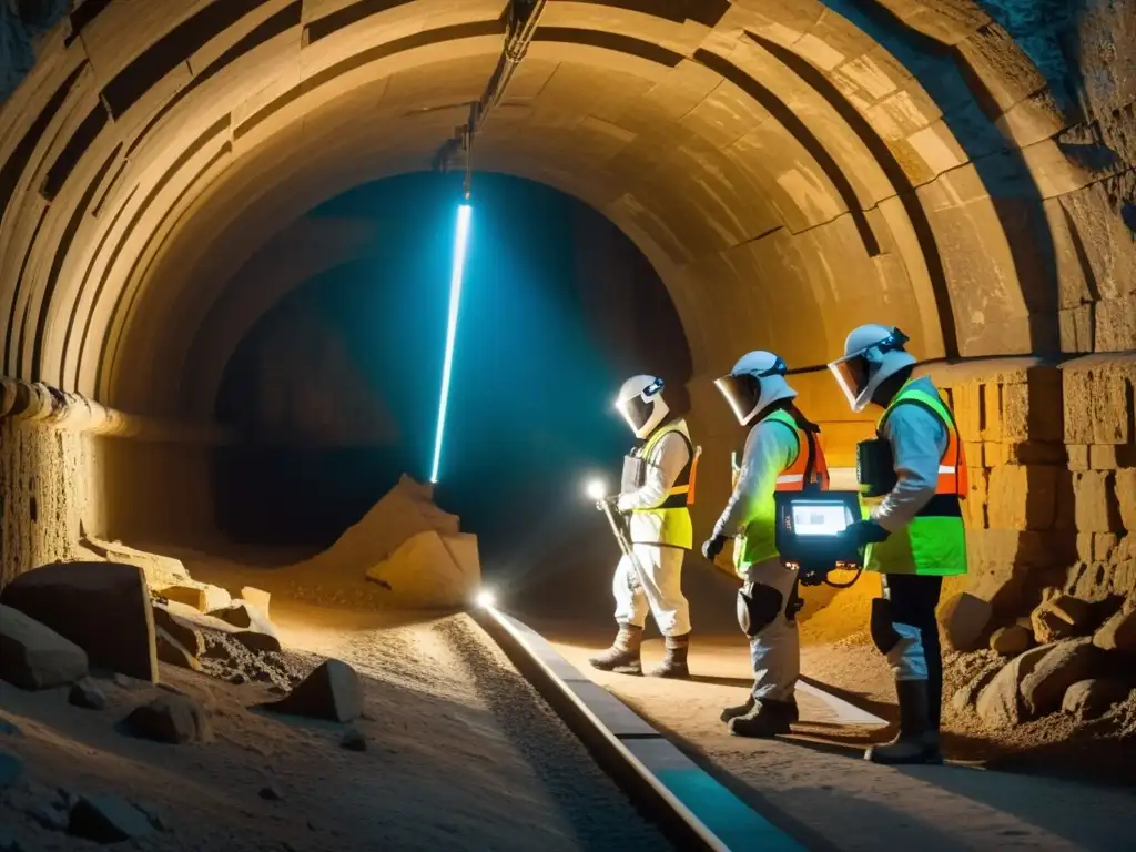 Ingenieros exploran túneles con tecnologías limpias, iluminando muros antiguos con maquinaria avanzada