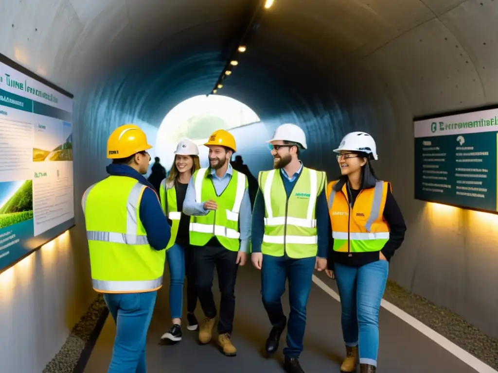 Un guía señala iniciativas de sostenibilidad a estudiantes en un túnel iluminado con LED