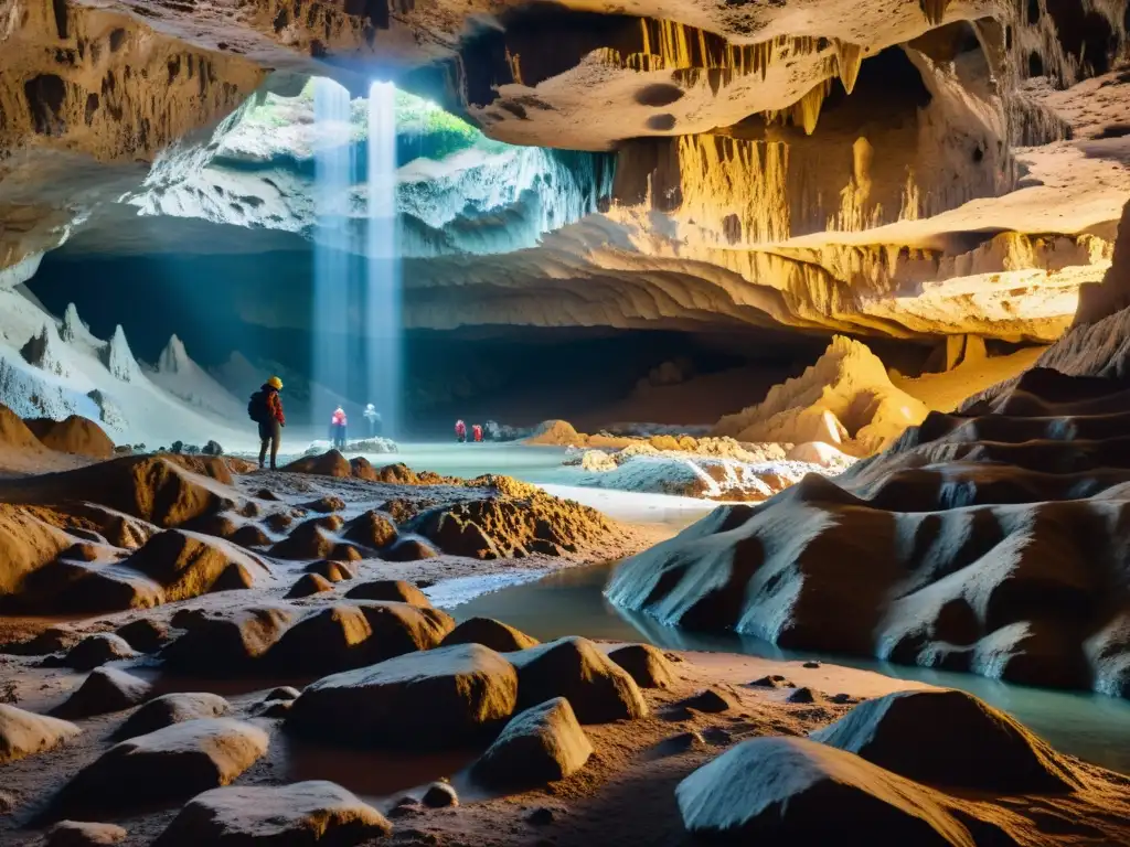 Explorando la inmensidad de una formación de cavernas naturales geología profunda, iluminada por luz natural