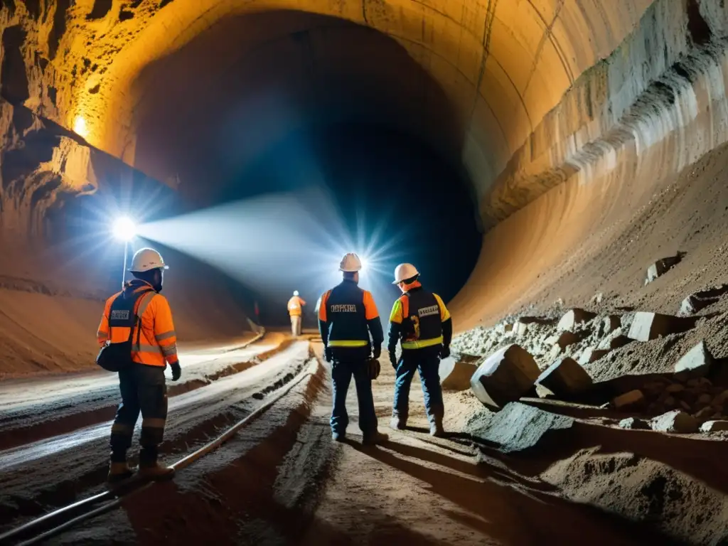 Innovaciones en construcción de túneles en terrenos hostiles: ingenieros trabajando en un túnel subterráneo oscuro y rocoso, rodeados de maquinaria pesada, con determinación y enfoque