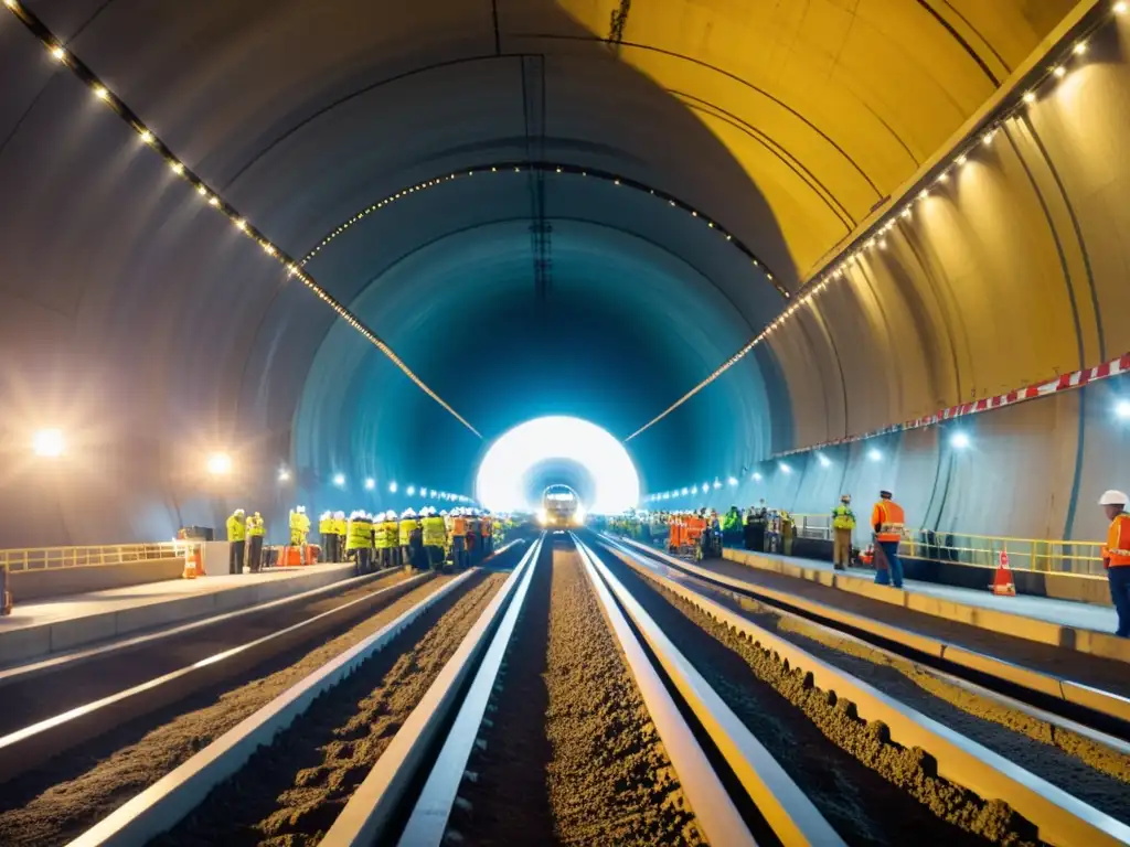 Innovaciones logística construcción túneles: Máquina perforadora en acción, trabajadores con cascos y chispas volando en la construcción de un túnel