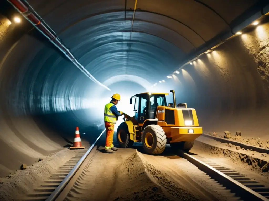 Innovaciones logística construcción túneles: Trabajadores con equipo de seguridad operando maquinaria pesada en un túnel lleno de polvo