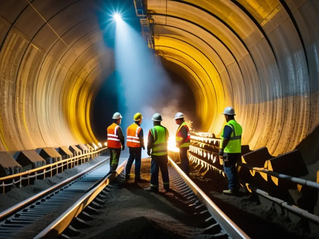 Innovaciones logística construcción túneles: Equipo de constructores en túnel subterráneo, operando maquinaria pesada bajo luces brillantes, con chispas volando y expresiones concentradas