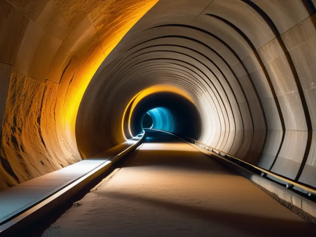 Innovaciones en iluminación túneles subterráneos: Intrigante túnel subterráneo iluminado con LED, resaltando formaciones geológicas y arquitectónicas