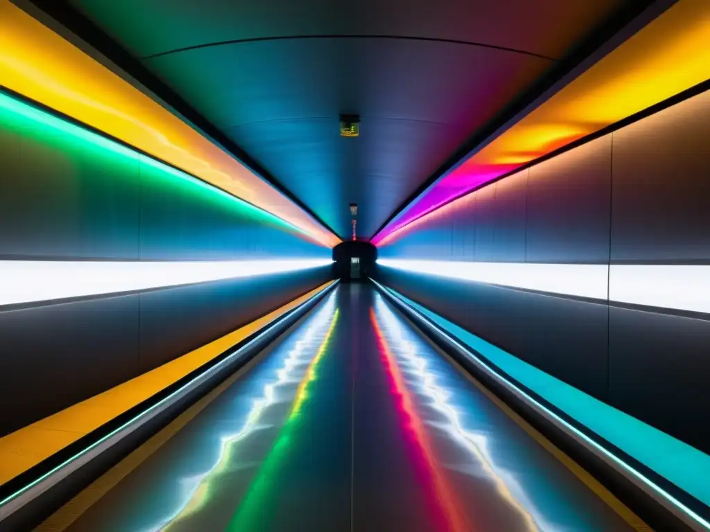 Innovaciones en iluminación túneles subterráneos: Un túnel subterráneo iluminado con tecnología LED avanzada crea un espectáculo de color y brillo, proyectando sombras dinámicas en sus paredes curvas