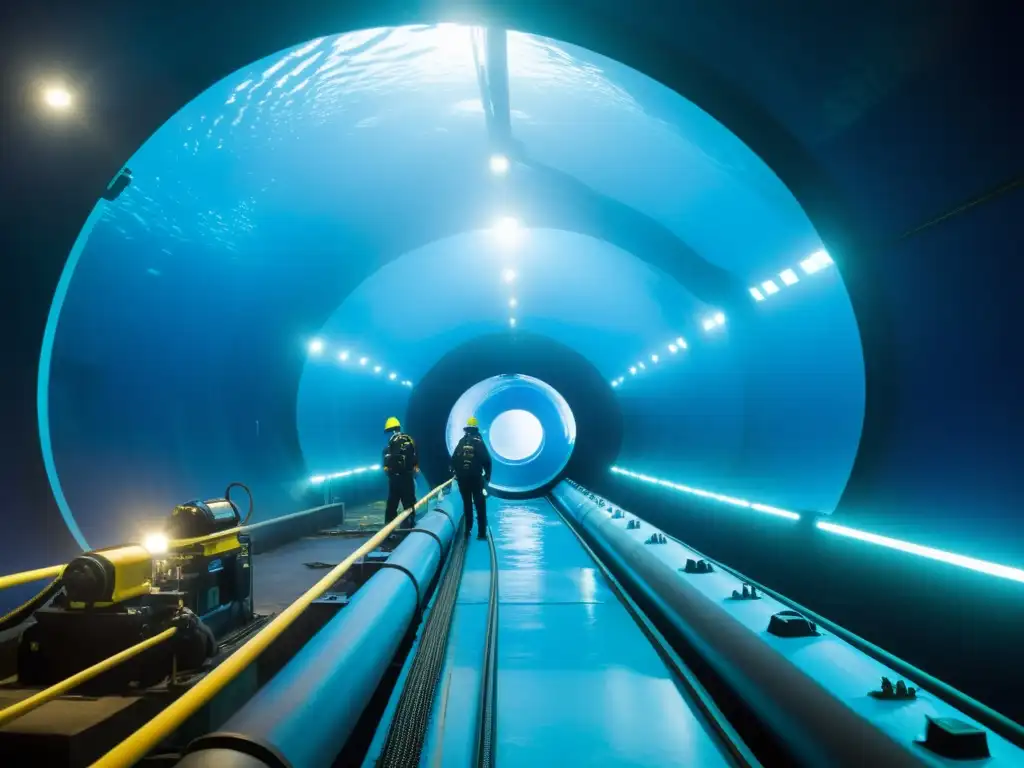 Innovaciones túneles sumergidos presión hidrostática: Ingenieros en trajes de buceo construyen un túnel sumergido con maquinaria avanzada en un entorno submarino iluminado por potentes luces