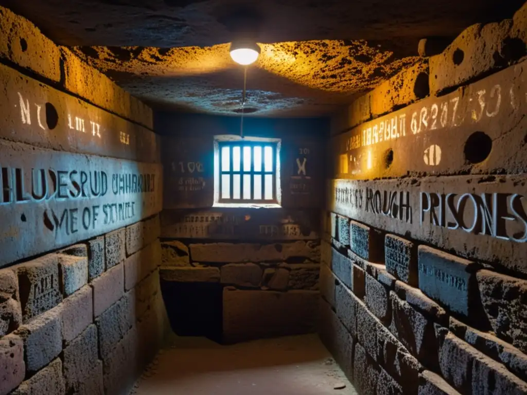Decodificación de inscripciones de prisioneros en celdas subterráneas con atmósfera lúgubre y símbolos grabados en las paredes de piedra áspera