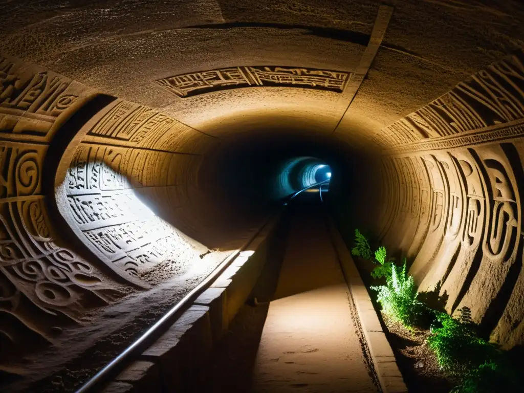 Explorando inscripciones en túneles subterráneos antiguos, atmósfera misteriosa y ancestral