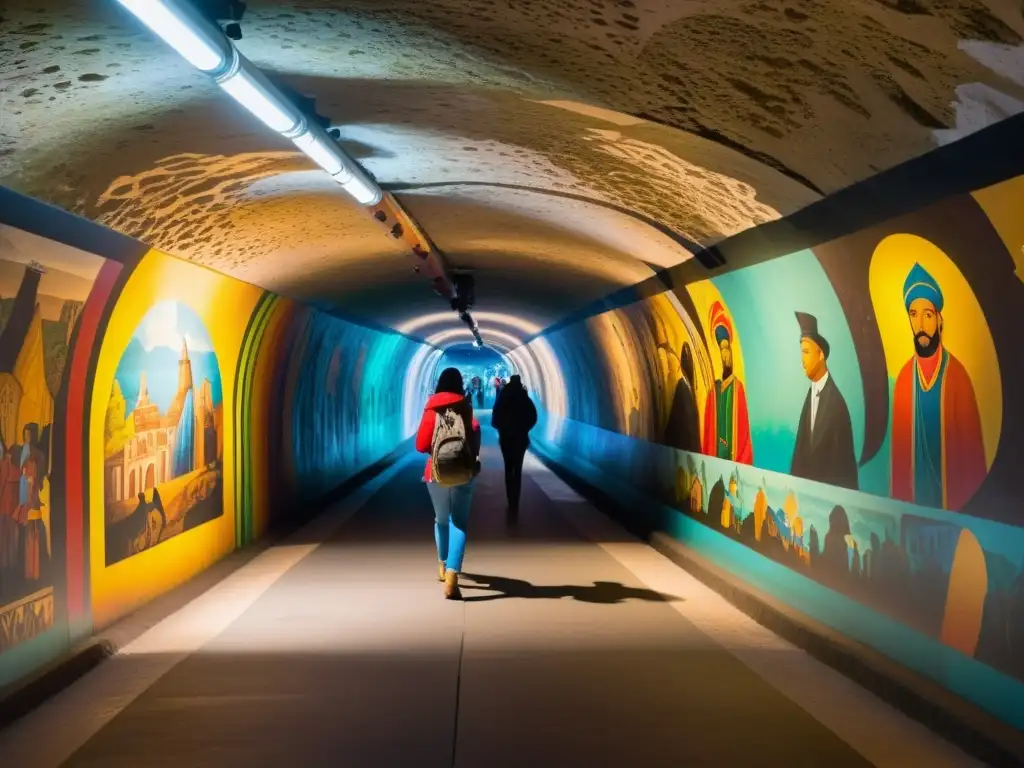 Instalaciones artísticas en túneles subterráneos: Murales vibrantes iluminados por luz cálida, creando un ambiente de maravilla y misterio