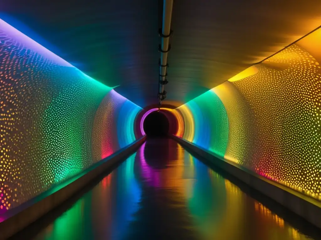 Instalaciones artísticas en túneles subterráneos: Un túnel subterráneo iluminado con instalaciones de arte brillante y colorido, creando un ambiente misterioso y fascinante