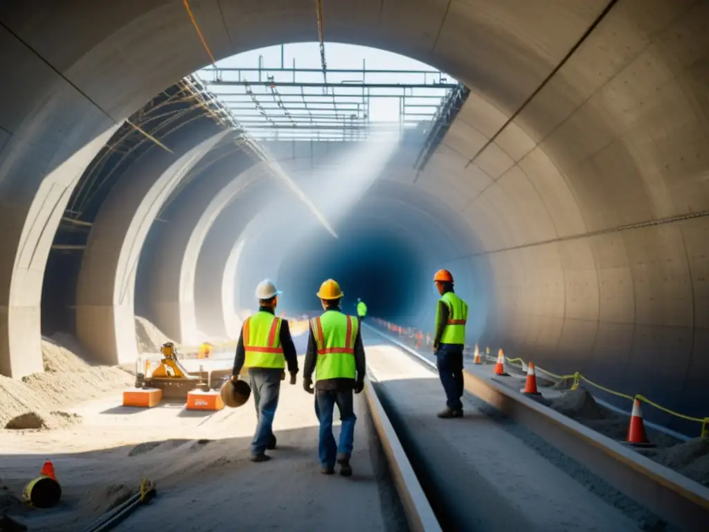 Intenso trabajo de construcción de túneles con maquinaria pesada y operarios, creando una atmósfera industrial de gran envergadura