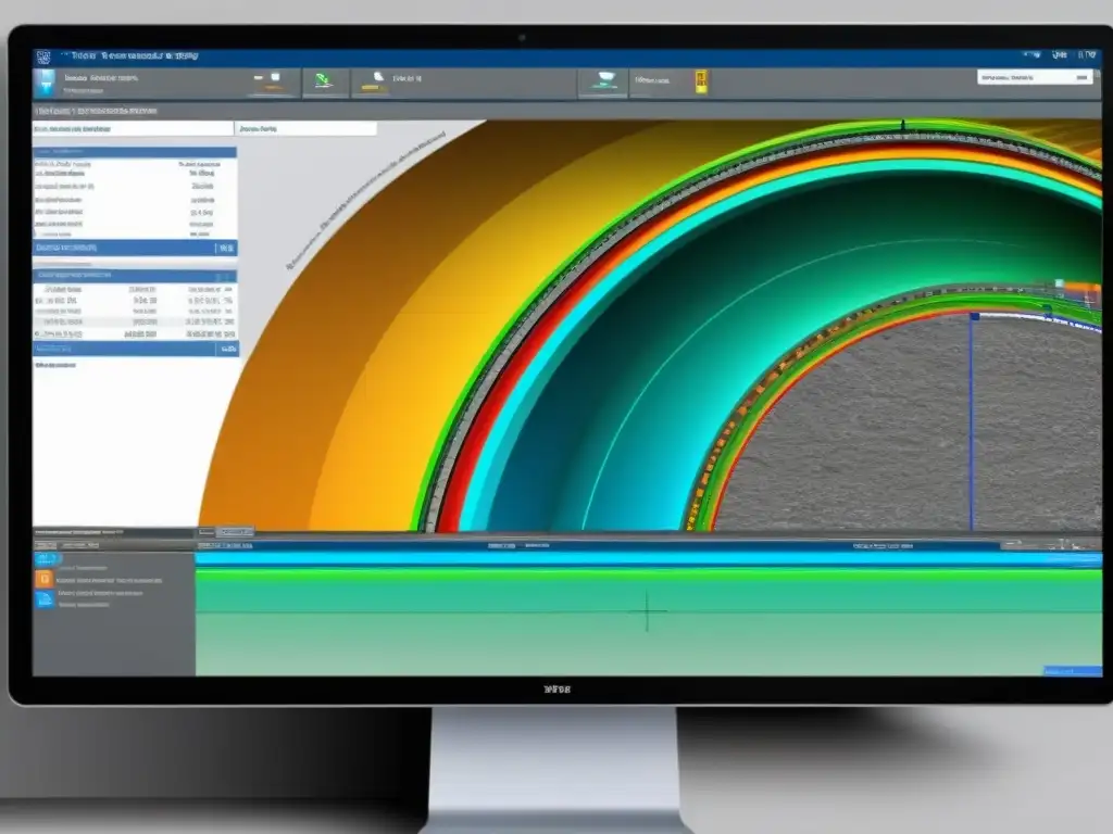 Interfaz del software avanzado para diseño de túneles subterráneos, con modelado detallado de capas geológicas y herramientas de simulación avanzadas